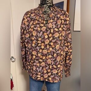 Brown Floral Peasant Blouse with Yellow, Magenta and Amber Accents
